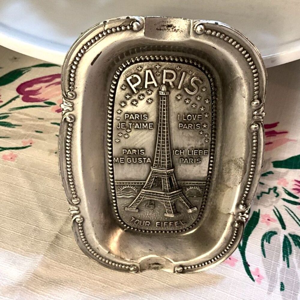 Vintage Paris pewter ash tray souvenir ash tray; great graphics made in France